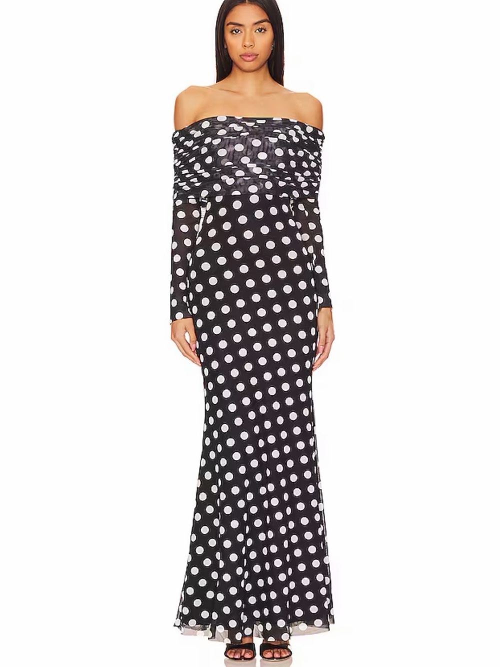 Revolve • AFRM • Black & White Polka Dot Off-Shoulder Maxi Dress